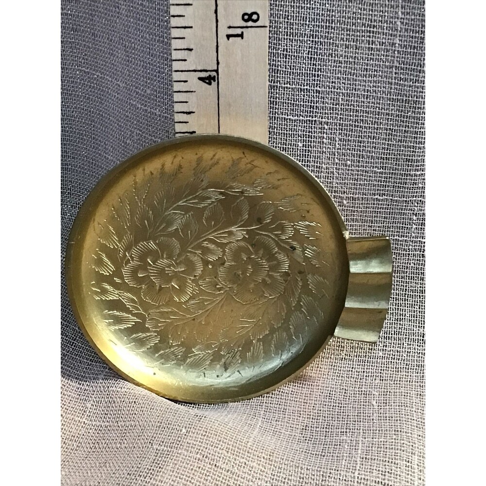 Vintage Gold Brass Metal Plate Ashtray From India Decor Flowers Engraved *E